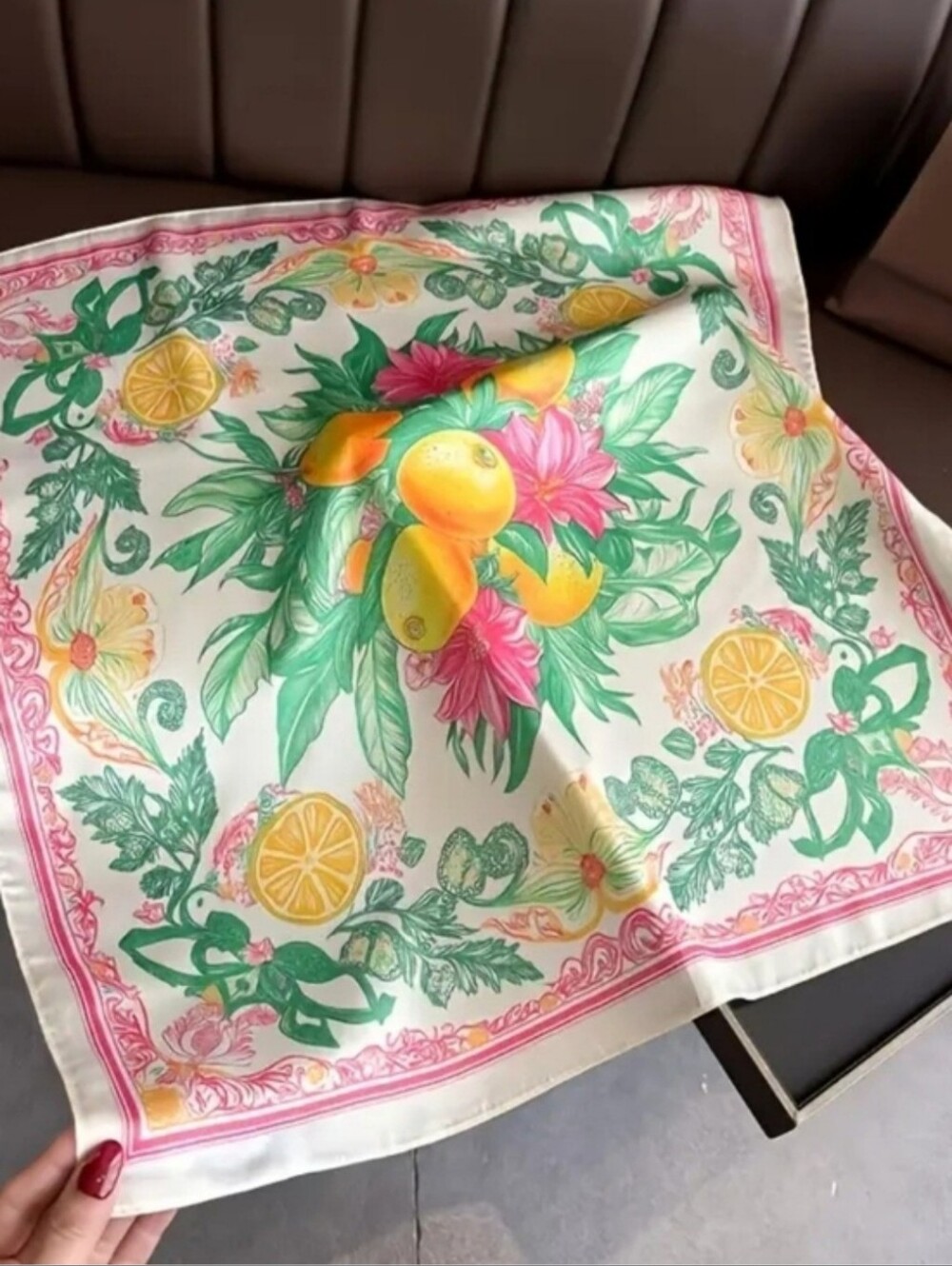 Citrus Floral Silk-Feel Square Scarf - Green, Pink, Yellow